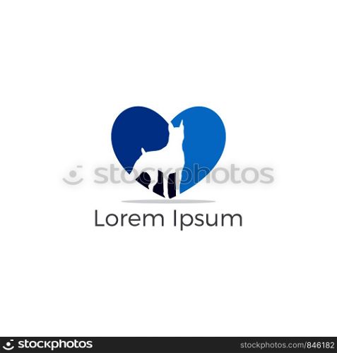 Dog lover logo design, shepherd dog in heart vector icon, pets clinic illustration