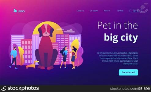 Dog lovers. People walking with puppies outdoors, in public place. Pet in the big city, city pets walking place, dogs convenient city concept. Website homepage landing web page template.. Pet in the big city concept landing page