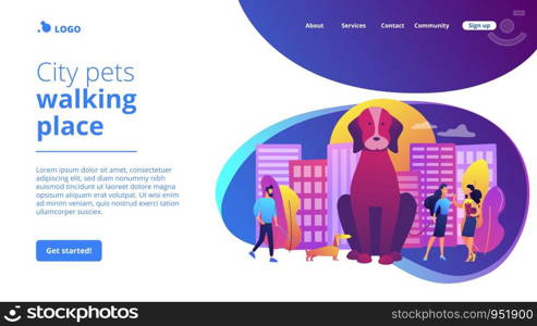 Dog lovers. People walking with puppies outdoors, in public place. Pet in the big city, city pets walking place, dogs convenient city concept. Website homepage landing web page template.. Pet in the big city concept landing page