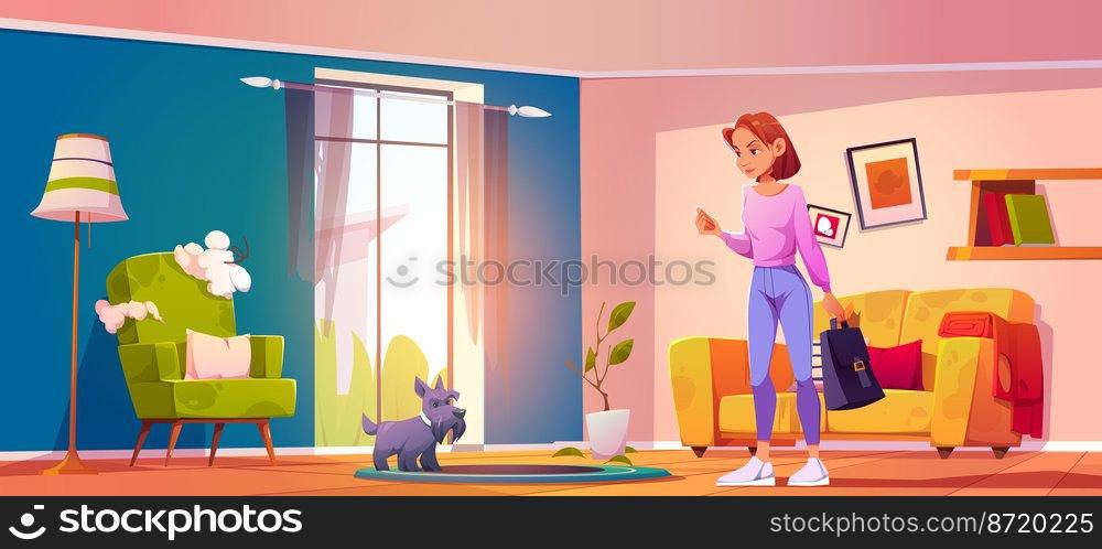 Dog mess, angry owner woman and funny puppy at damaged home interior with broken furniture, armchair with torn upholstery. Pet making chaos in room, naughty animal concept, Cartoon vector illustration. Dog mess angry owner woman and funny puppy at home