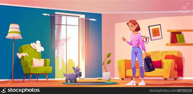 Dog mess, angry owner woman and funny puppy at damaged home interior with broken furniture, armchair with torn upholstery. Pet making chaos in room, naughty animal concept, Cartoon vector illustration. Dog mess angry owner woman and funny puppy at home