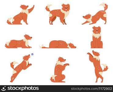 Dog movement. Funny dogs activities, cute animal character in various poses running, playing and sleeping. Dogs action training and tricks. Breed dog vector isolated illustration icons set. Dog movement. Funny dogs activities, cute animal character in various poses running, playing and sleeping. Dogs action training and tricks vector isolated illustration set