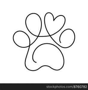 Dog or cat paw footprint and heart in continuous one line drawing logo. Minimal line art. Animal in heart. Pets love concept monoline.. Dog or cat paw footprint and heart in continuous one line drawing logo. Minimal line art. Animal in heart. Pets love concept monoline