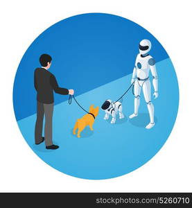 Dog Owner And Domestic Robot with Robot Dog. Round composition of dog owner meeting white domestic robot walking with robot dog isometric vector illustration