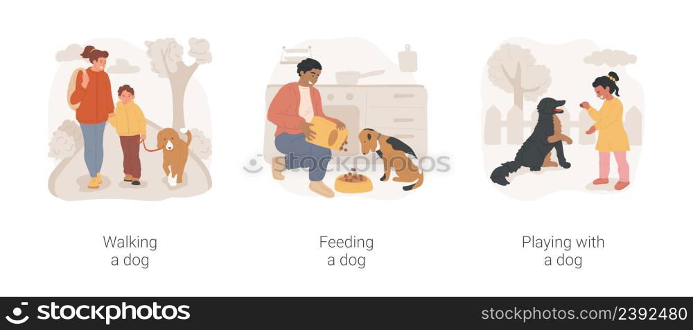 Dog owner routine isolated cartoon vector illustration set. Walking dog on leash, city park, feeding pet, pouring dry food from bag in bowl, meal schedule, playing with puppy vector cartoon.. Dog owner routine isolated cartoon vector illustration set.