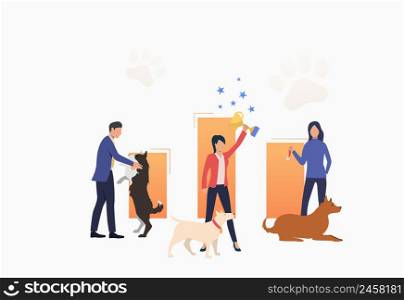 Dog owners celebrating victory and holding trophy. Winner, award, animal concept. Vector illustration can be used for topics like entertainment, competition, dog show