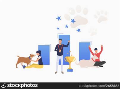 Dog owners celebrating victory at dog show. Winner, award, animal concept. Vector illustration can be used for topics like entertainment, competition, dog show