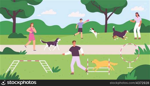 Dog park with people playing, training and walking pets. Flat owners and dogs outside activity. Domestic animals playground vector concept. Illustration of dog training in park. Dog park with people playing, training and walking pets. Flat owners and dogs outside activity. Domestic animals playground vector concept