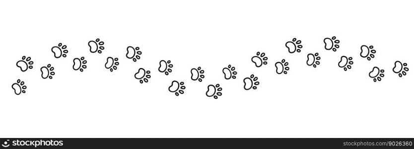 Dog paw print wave line. Cute cat pawprint. Pet foot trail. Black dog step silhouette. Simple doodle drawing. Vector illustration isolated on white background.. Dog paw print wave line. Cute cat pawprint. Pet foot trail. Black dog step silhouette. Simple doodle drawing. Vector illustration isolated on white background