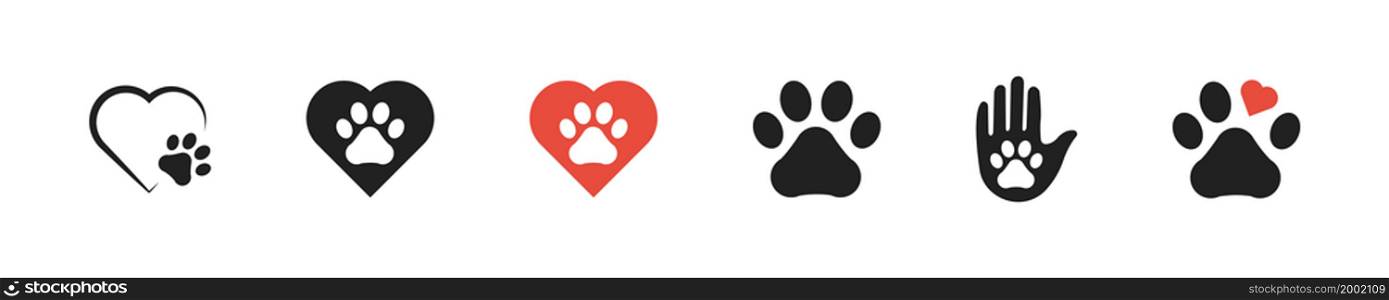 Dog paw print with heart. Vector isolated illustration. Animal paw with love symbol collection. Cat or dogs footprint icon set.