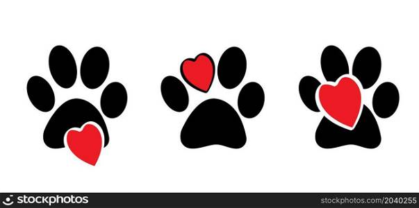 Dog paws with heart print. Dogs paws sign and love heart sumbol. Flat vector ovely cartoon dog signs. Lovers silhouette. Animals day. Dogs footprint. hearts icon.