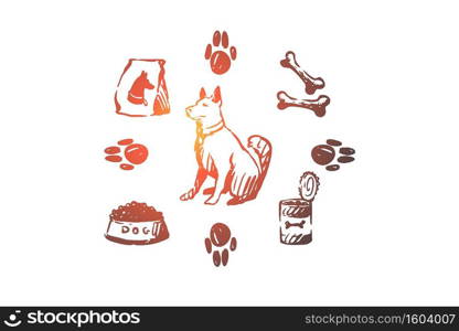 Dog, pet, animal, accessories, care concept. Hand drawn puppy and care supplies concept sketch. Isolated vector illustration.. Dog, pet, animal, accessories, care concept. Hand drawn isolated vector.