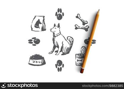 Dog, pet, animal, accessories, care concept. Hand drawn puppy and care supplies concept sketch. Isolated vector illustration.. Dog, pet, animal, accessories, care concept. Hand drawn isolated vector.