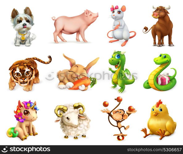 Dog, Pig, Rat, Ox, Tiger, Rabbit, Dragon, Snake, Horse, Goat, Monkey, Rooster. Funny animal in the Chinese zodiac, Chinese calendar. 3d vector icon set