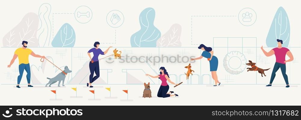 Dog Playground in City Park Flat Vector Concept with Male, Female Pets Owners Playing with Domestic Animals, Training, Teaching Dogs Tricks on Equipment for Animals Activities Playground Illustration