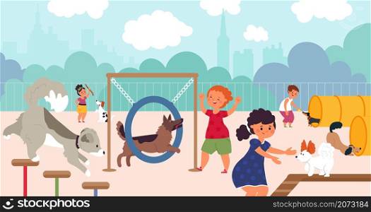 Dog playground. Pets walk, dogs owners on city park. Cartoon puppy friends characters, fun guy coaching animal outdoor decent vector concept. Area to animal outdoor train illustration. Dog playground. Pets walk, dogs owners on city park. Cartoon puppy friends characters, fun guy coaching animal outdoor decent vector concept