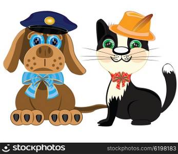 Dog police and cat in hat. Dog police and cat in hat on white background is insulated