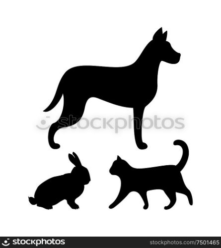 Dog puppy, cat and bunny colorless silhouettes isolated icons vector. Hound wagging tail and kitten, rabbit with long ears. Pets and domestic animals. Dog Puppy, Cat and Bunny Silhouettes Icons Set