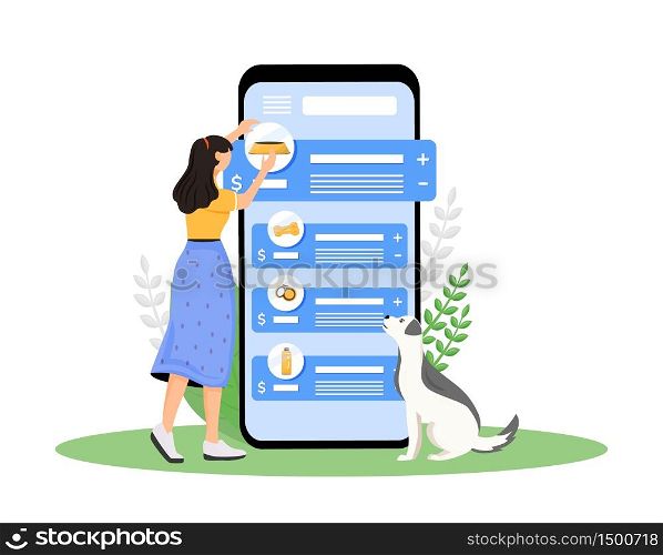 Dog shop cartoon smartphone vector app screen. Puppy owner choose product for domestic animal. Mobile phone display with flat character design mockup. Pet store application telephone interface. Dog shop cartoon smartphone vector app screen