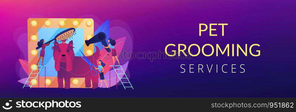 Dog show preparations. Taking care of puppy, bringing to professional groomer. Grooming salon, pet grooming services, pet beauty shop concept. Header or footer banner template with copy space.. Grooming salon concept banner header