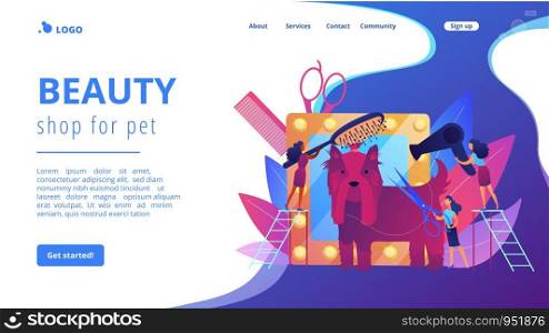Dog show preparations. Taking care of puppy, bringing to professional groomer. Grooming salon, pet grooming services, pet beauty shop concept. Website homepage landing web page template.. Grooming salon concept landing page