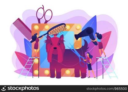Dog show preparations. Taking care of puppy, bringing to professional groomer. Grooming salon, pet grooming services, pet beauty shop concept. Bright vibrant violet vector isolated illustration. Grooming salon concept vector illustration
