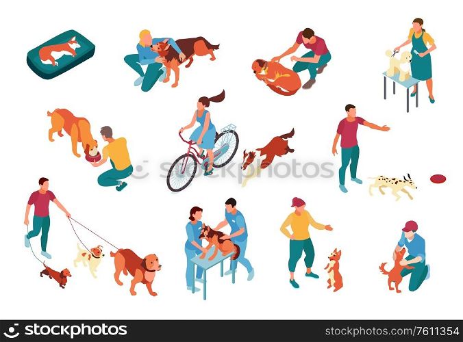 Dog sitters walking playing feeding grooming and examining pets isometric icons set isolated on white background 3d vector illustration