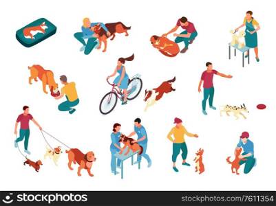 Dog sitters walking playing feeding grooming and examining pets isometric icons set isolated on white background 3d vector illustration