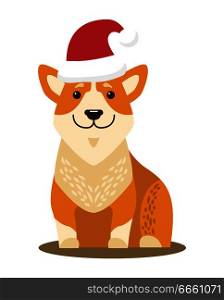 Dog sitting and wearing Christmas hat of Santa Claus, domestic pet symbolize approaching year 2018 and winter holidays celebration vector illustration. Dog Sitting and Wearing Hat Vector Illustration