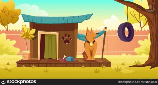 Dog sitting near wooden kennel at house backyard, canine domestic animal at doghouse with curtained entrance, wood terrace and bowls with food and bone at summer garden, Cartoon vector illustration. Dog sitting near wooden kennel at house backyard