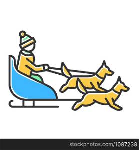Dog sledding color icon. Winter extreme sport, risky activity and adventure. Sleigh riding. Cold season outdoor leisure. Person dogsledding. Group of husky and musher. Isolated vector illustration