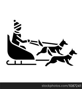Dog sledding glyph icon. Winter extreme sport, risky activity and adventure. Sleigh riding. Cold season leisure. Person dogsledding. Silhouette symbol. Negative space. Vector isolated illustration