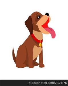 Dog stretching out its tongue, poster with dog, pet puppy canine animal in good mood side view, vector illustration isolated on white background. Dog with Pink Tongue Poster Vector Illustration