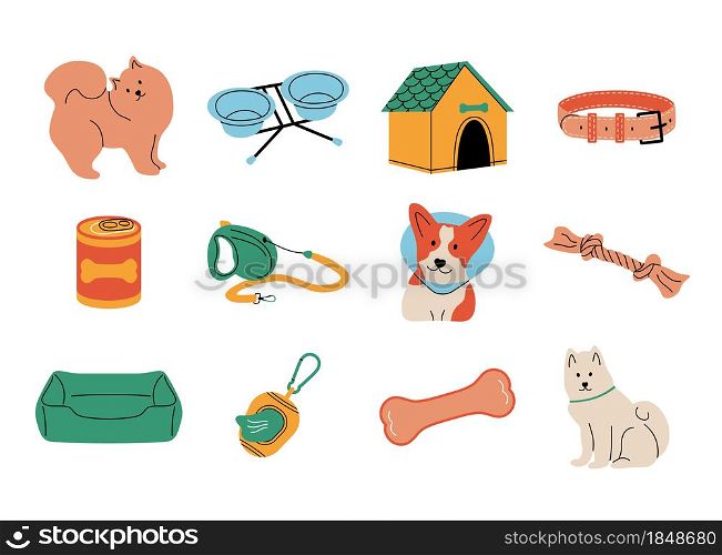 .Dog supplies. Doodle cute puppy with toys, bed, bowls, food in can and leash, funny cartoon pet and equipment. Vector set isolated accessories pet. Dog supplies. Doodle cute puppy with toys, bed, bowls, food in can and leash, funny cartoon pet and equipment. Vector set
