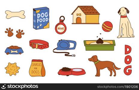 Dog supplies. Doodle pet shop assortment. Isolated food and toys for puppies. Playing ball or bone. Collar with leash. Doggy booth. Vet store merchandise. Vector hand drawn trendy canine equipment set. Dog supplies. Doodle pet shop assortment. Food and toys for puppies. Playing ball or bone. Collar with leash. Doggy booth. Vet store merchandise. Vector hand drawn canine equipment set