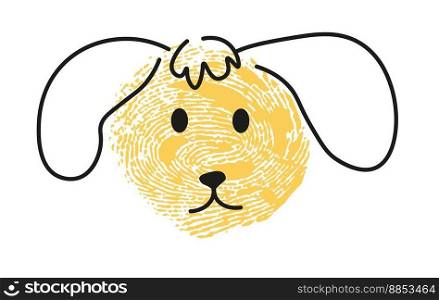 Dog thumbprint, isolated portrait of canine domestic animal with ears. Cute pet facial expression, line art childish painting. Simple drawing of character with finger st&, vector in flat style. Thumbprint drawing of dog character muzzle vector