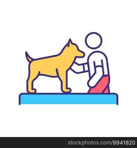 Dog training lesson RGB color icon. Command animal companion. Pet service. Domestic animal treatment. Discipline for puppy. Veterinary for domestic animals. Isolated vector illustration. Dog training lesson RGB color icon