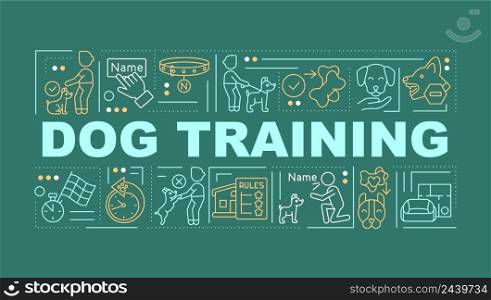 Dog training techniques word concepts dark green banner. Positive reinforcement. Infographics with icons on color background. Isolated typography. Vector illustration with text. Arial-Black font used. Dog training techniques word concepts dark green banner
