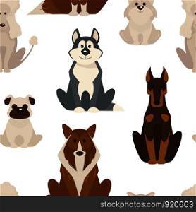 Dog types and breeds canine animals seamless pattern vector isolated on white background. Animalistic set with puppies and doggy, poodle and bulldog, canis lupus familiaris terrier and purebred. Dog types and breeds canine animals seamless pattern isolated on white background vector.
