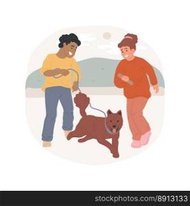 Dog walk isolated cartoon vector illustration. Happy kids with a pet on a leash walking together, domestic animal lovers, family life, physical activity, leisure time with dog vector cartoon.. Dog walk isolated cartoon vector illustration.