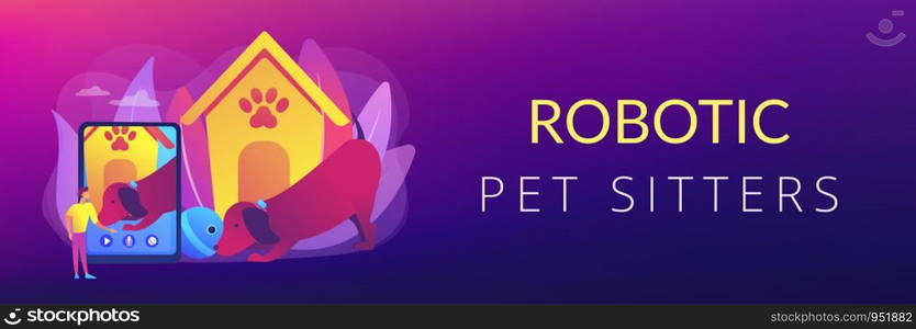 Dog walker and petsitter application on smartphone. Robotic pet sitters, interactive pets entertainment, keep an eye on your pets concept. Header or footer banner template with copy space.. Robotic pet sitters concept banner header