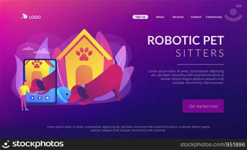 Dog walker and petsitter application on smartphone. Robotic pet sitters, interactive pets entertainment, keep an eye on your pets concept. Website homepage landing web page template.. Robotic pet sitters concept landing page