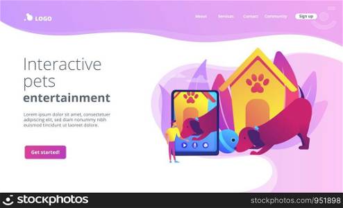 Dog walker and petsitter application on smartphone. Robotic pet sitters, interactive pets entertainment, keep an eye on your pets concept. Website homepage landing web page template.. Robotic pet sitters concept landing page
