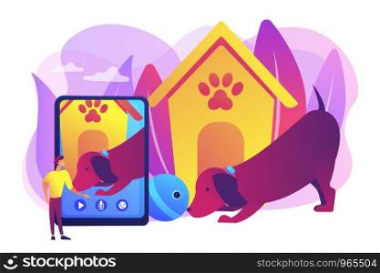 Dog walker and petsitter application on smartphone. Robotic pet sitters, interactive pets entertainment, keep an eye on your pets concept. Bright vibrant violet vector isolated illustration. Robotic pet sitters concept vector illustration