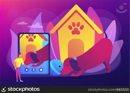 Dog walker and petsitter application on smartphone. Robotic pet sitters, interactive pets entertainment, keep an eye on your pets concept. Bright vibrant violet vector isolated illustration. Robotic pet sitters concept vector illustration