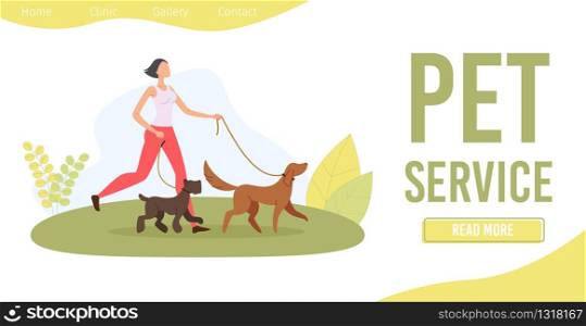 Dog Walker Service Trendy Flat Vector Web Banner, Landing Page Template. Young Woman, Teenager Girl or Student, Female Professional Walker Walking with Terrier and Retriever on Leash Illustration. Dog Walker Service Flat Vector Web Banner Template