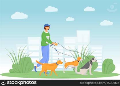 Dog walking flat color vector illustration. Day care and pet sitting. Puppy on leash. Man in park with group of domestic animals. Dog owner 2D cartoon character with cityscape on background. Dog walking flat color vector illustration