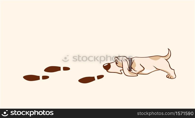 Dog walking in footsteps illustration. Hunting dog follows trail of criminal trained animal sniffs out recent human shoe prints an active search cartoon vector graphics.. Dog walking in footsteps illustration. Hunting dog follows trail of criminal.
