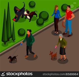 Dog walking in park, canine games on green lawn, community of pets owners isometric vector illustration. Dog Walking Isometric Illustration