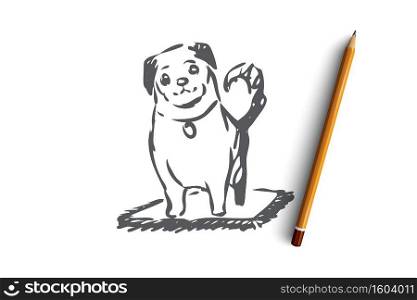 Dog, walking, outdoor, pet, domestic concept. Hand drawn home dog walking concept sketch. Isolated vector illustration.. Dog, walking, outdoor, pet, domestic concept. Hand drawn isolated vector.